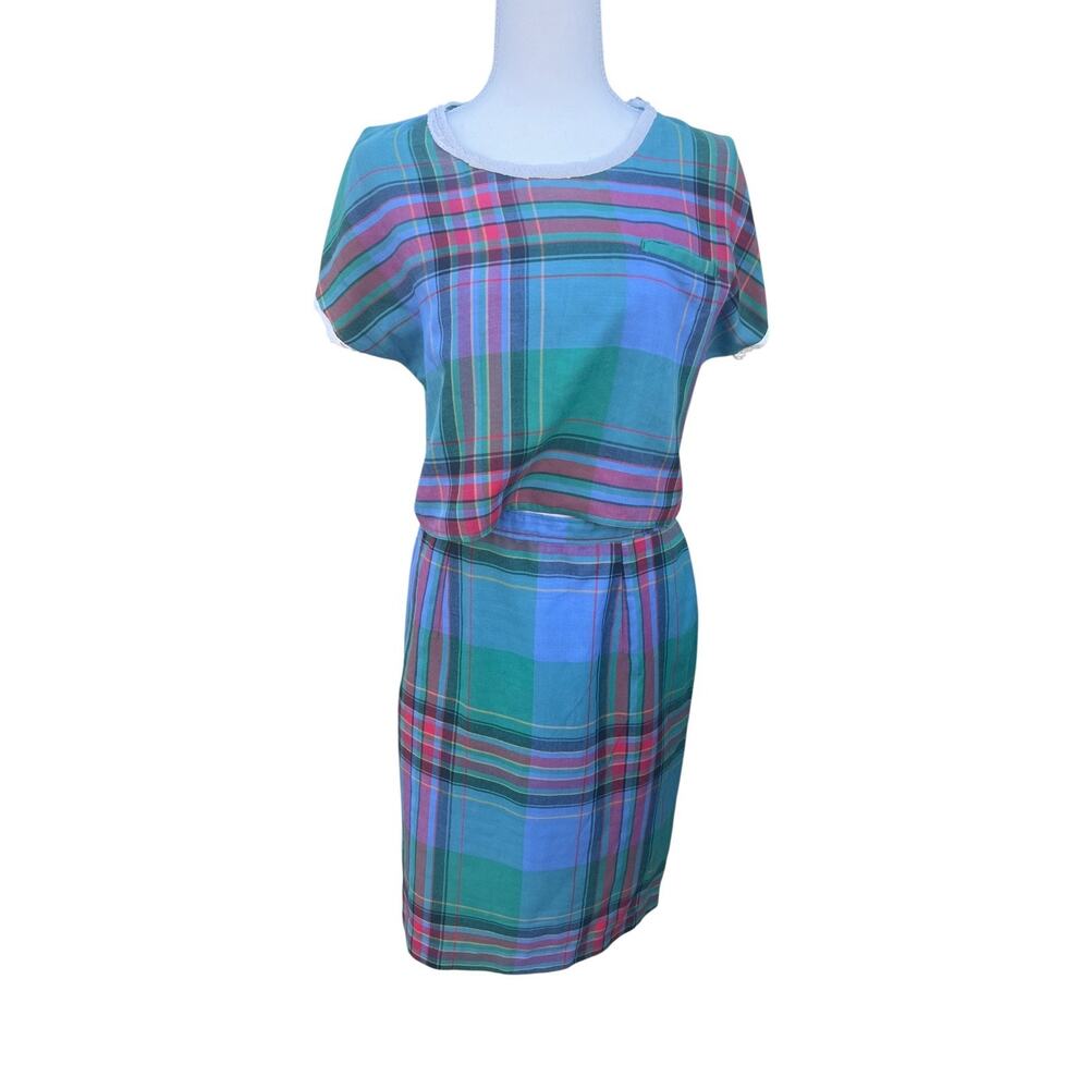 Vintage Women's Crop Blouse & Skirt Set Plaid Lightweight 100% Cotton MEDIUM